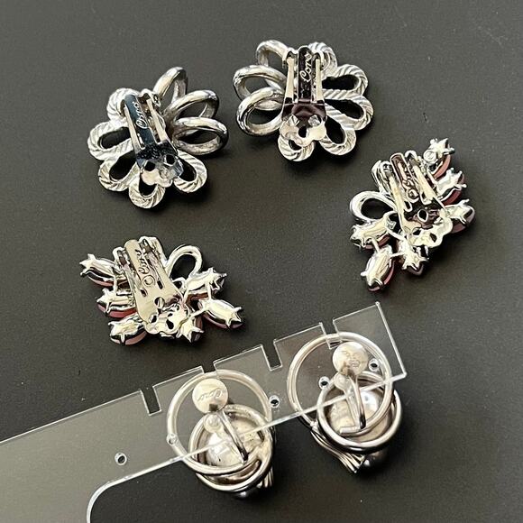 Vintage Cora Lot of 3 Clip On Earring Sliver Tone Pink Flower 3D Spiral Estate - Picture 4 of 5